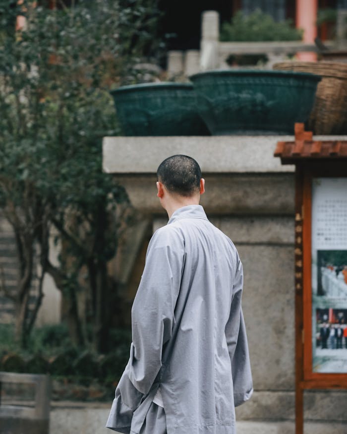 A serene scene of a monk in a traditional Asian courtyard setting, captured from behind.